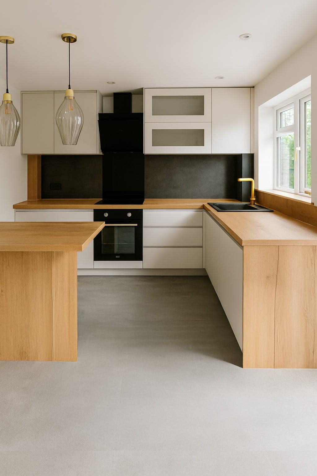 Kitchen with cream-painted cabinets, natural timber island and worktops, dark backsplash behind black hob, cream walls and ceiling with recessed lights