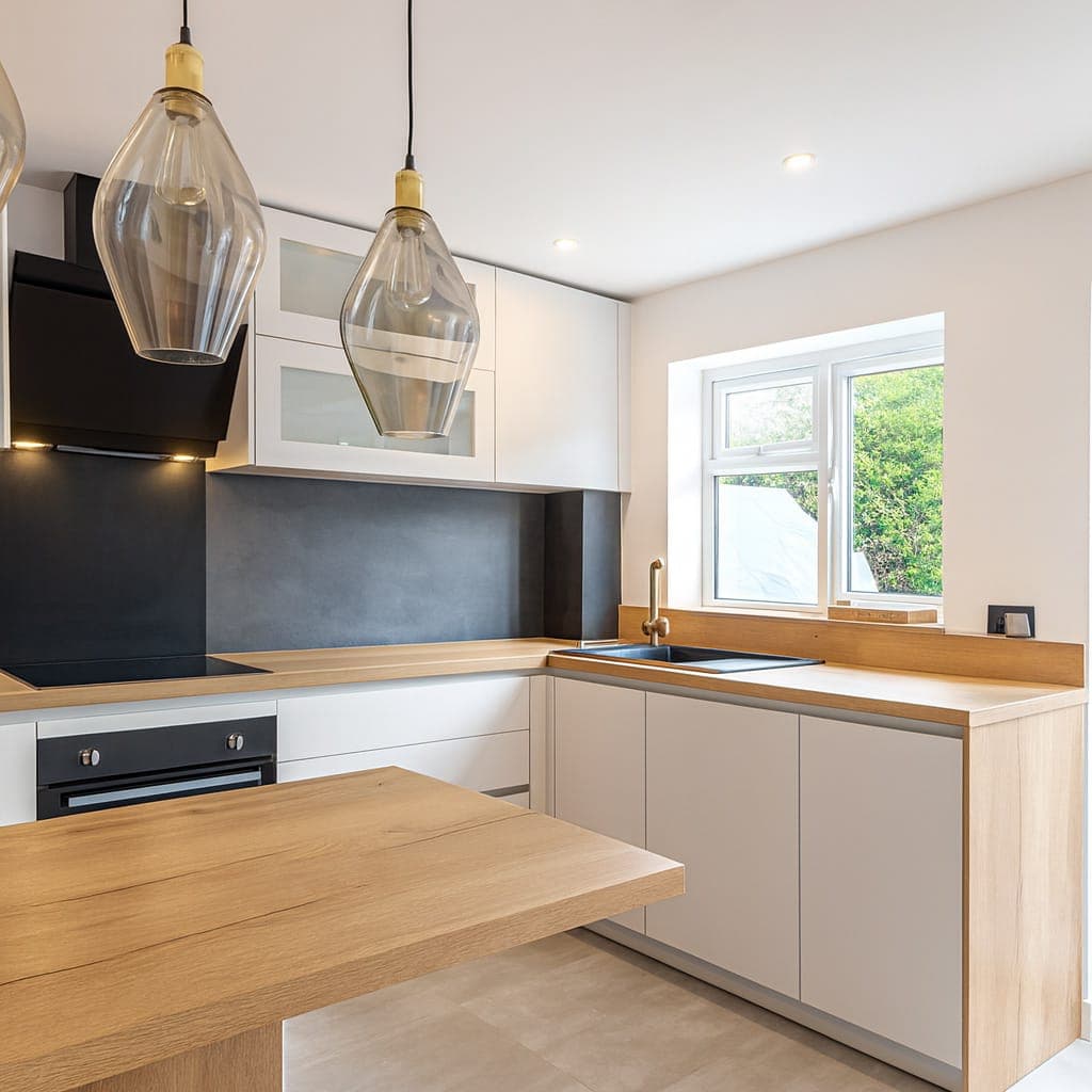Modern kitchen with soft greige and white painted cabinetry, neutral wall finish, wooden worktops and black splashback panel.