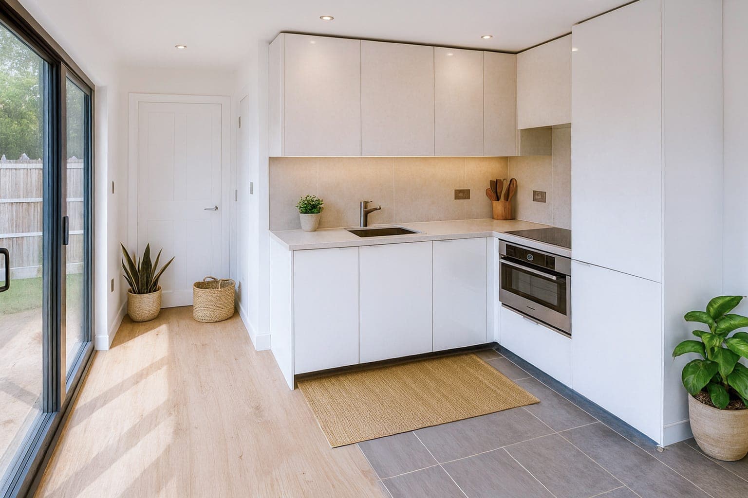 Modern kitchen with white painted cabinets, white walls, cream tile splashback, stainless steel appliances and grey floor tiles