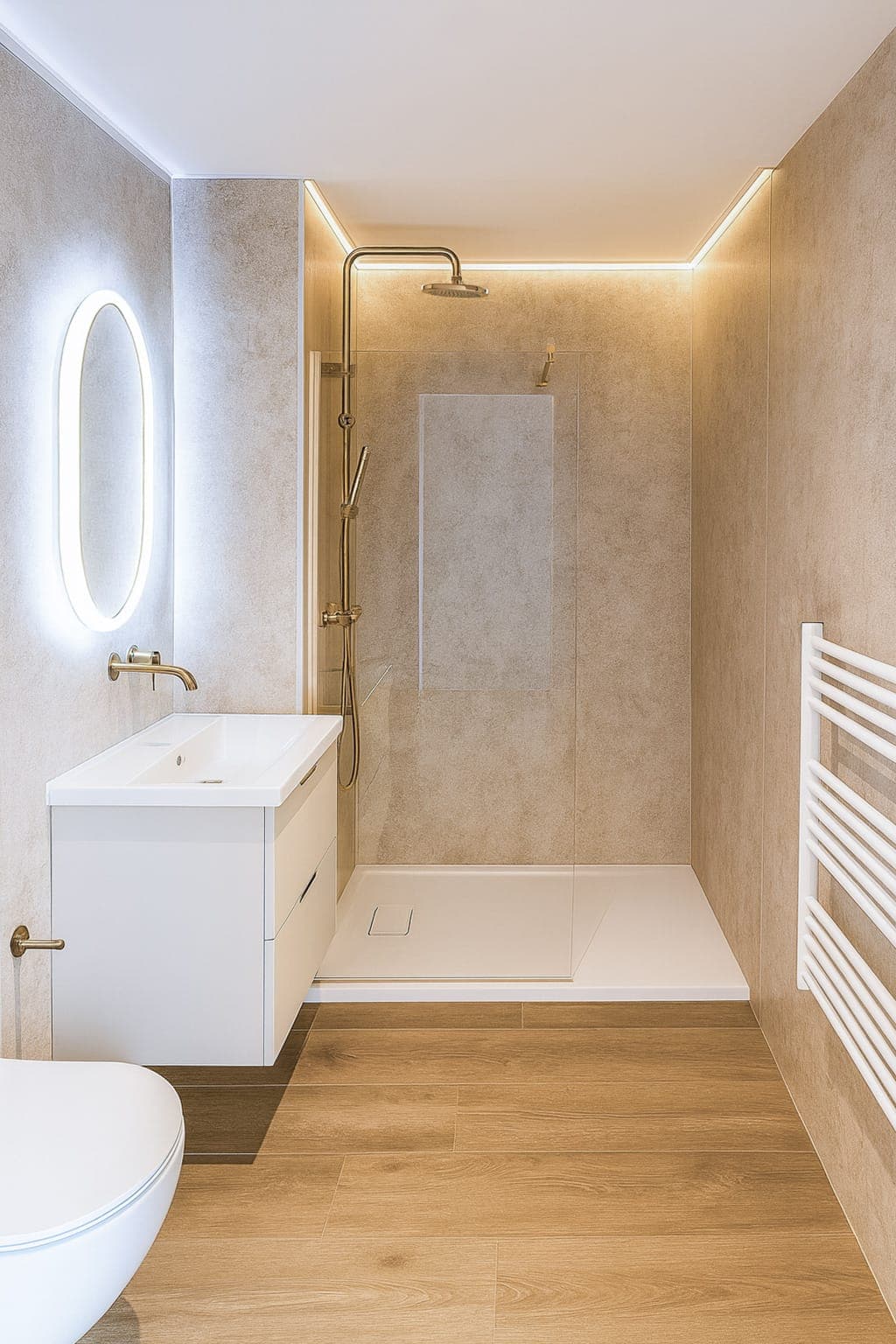 Bathroom with painted neutral-tone walls, white ceiling with cove lighting, backlit oval mirror, white vanity, shower enclosure, and radiator