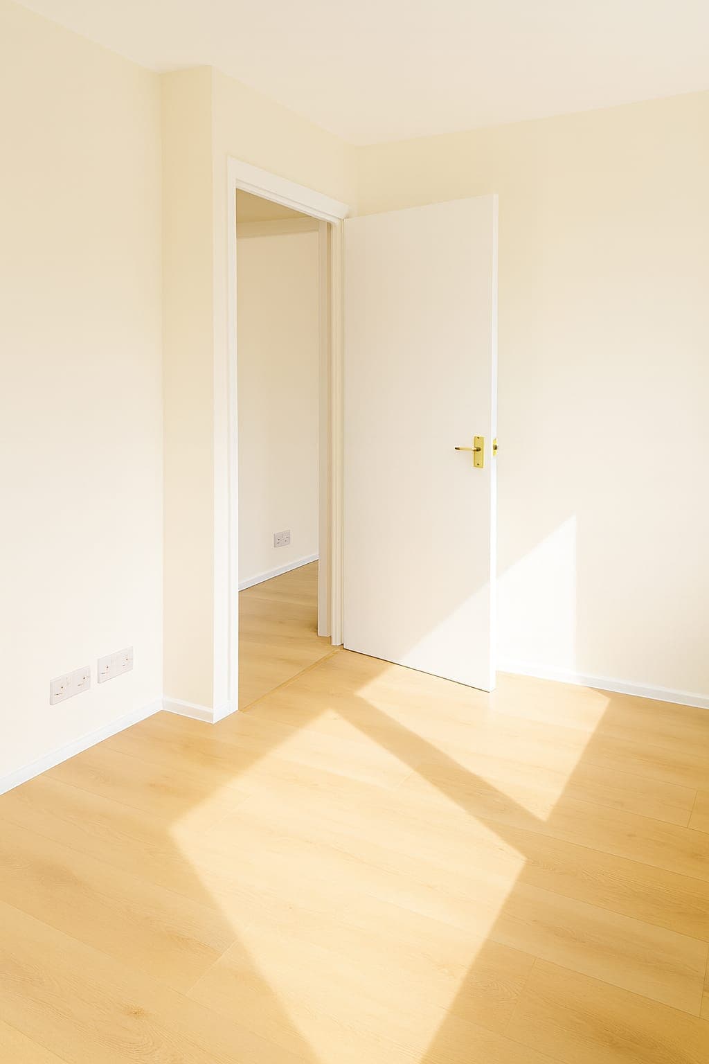 Bedroom with cream walls, white door frames and architraves, white skirting boards, and pale wood flooring with sunlight across the floor